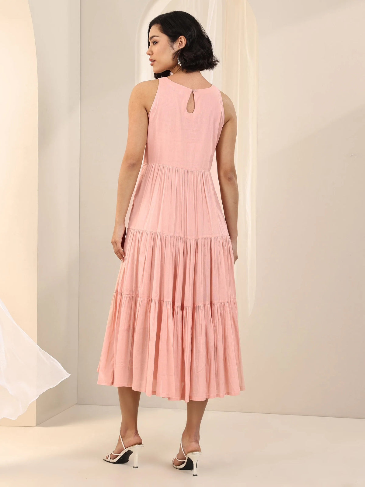 Libas Peach Solid Cotton Fit and Flare One Piece Dress