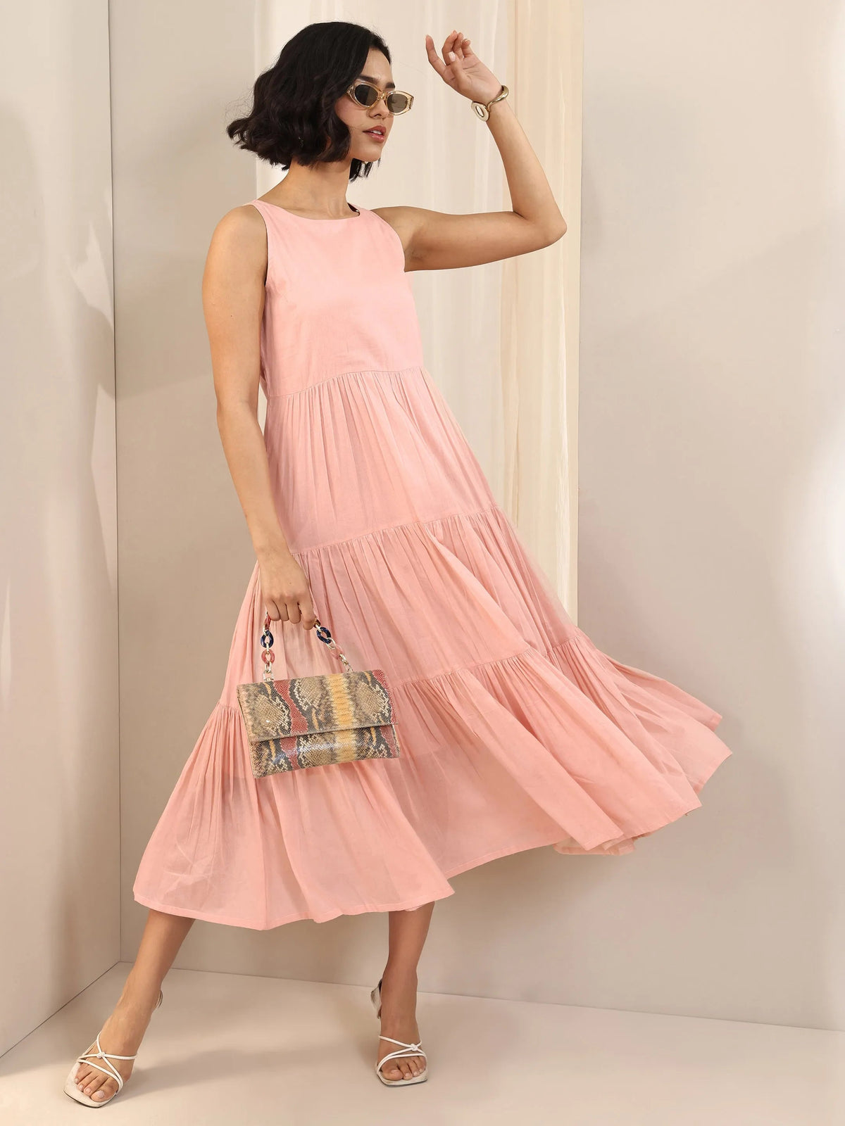 Libas Peach Solid Cotton Fit and Flare One Piece Dress