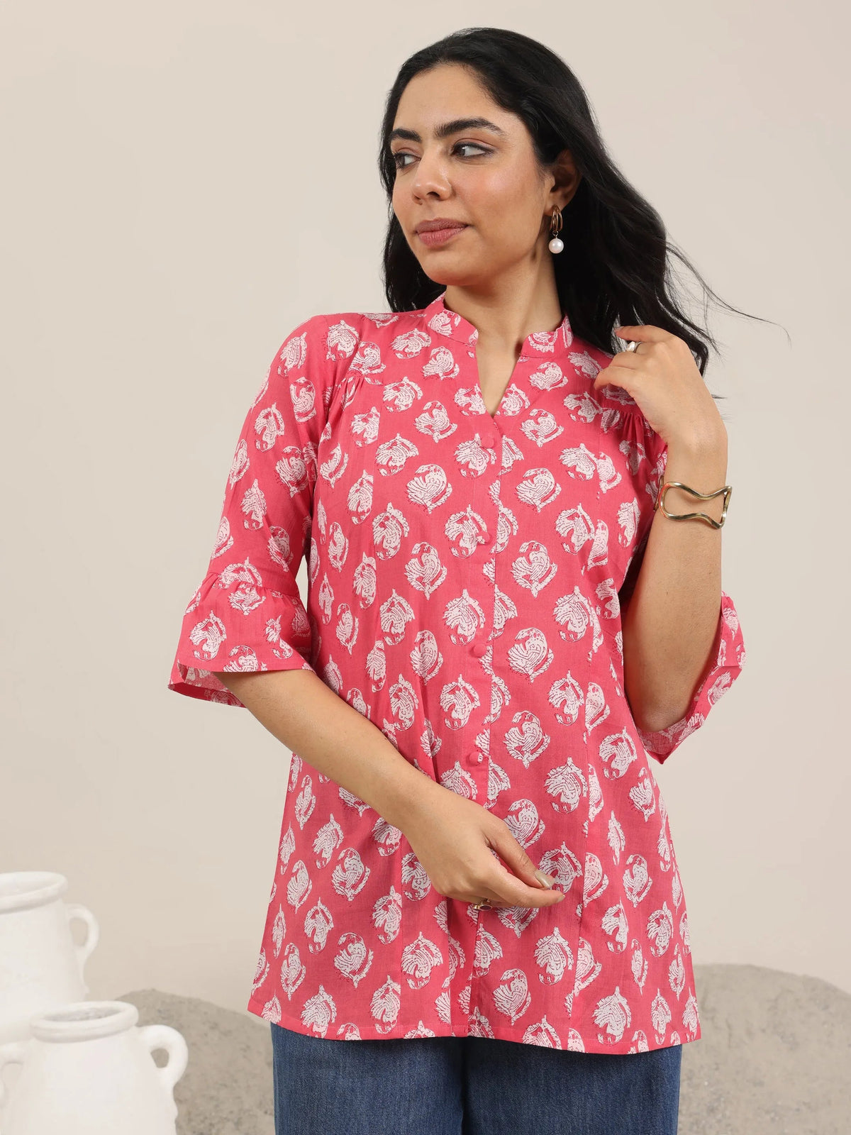 Gerua Coral Printed Cotton Blend Straight Short Kurti