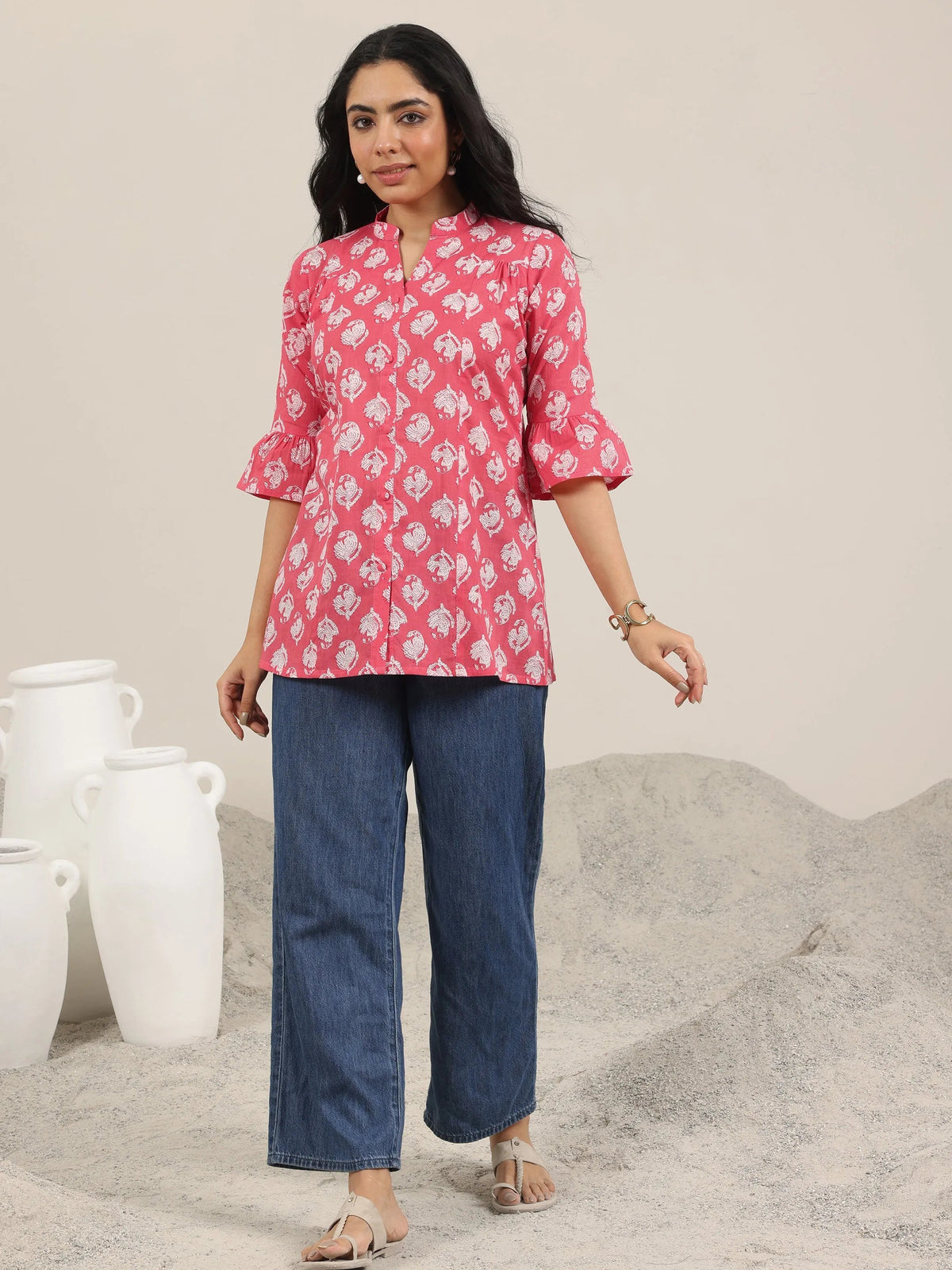 Gerua Coral Printed Cotton Blend Straight Short Kurti