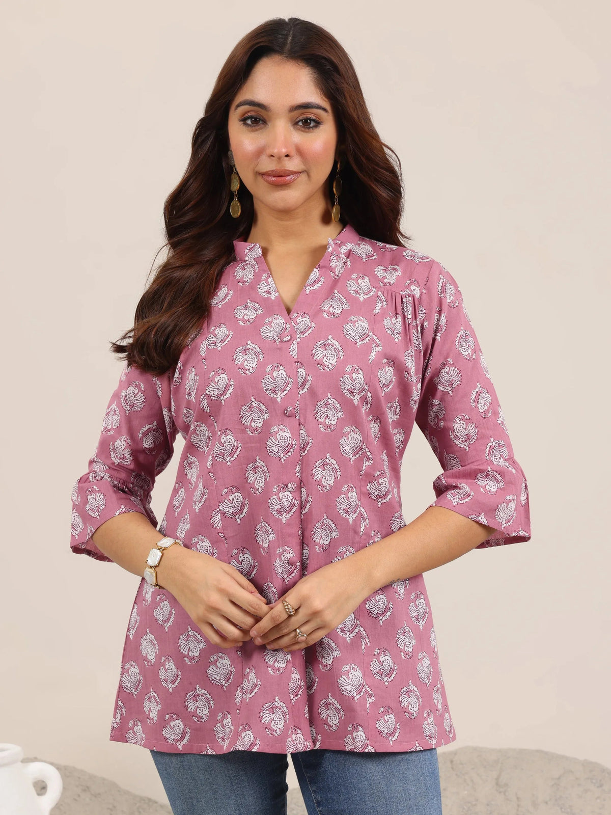 Libas Mauve Printed Cotton Straight Short Kurti