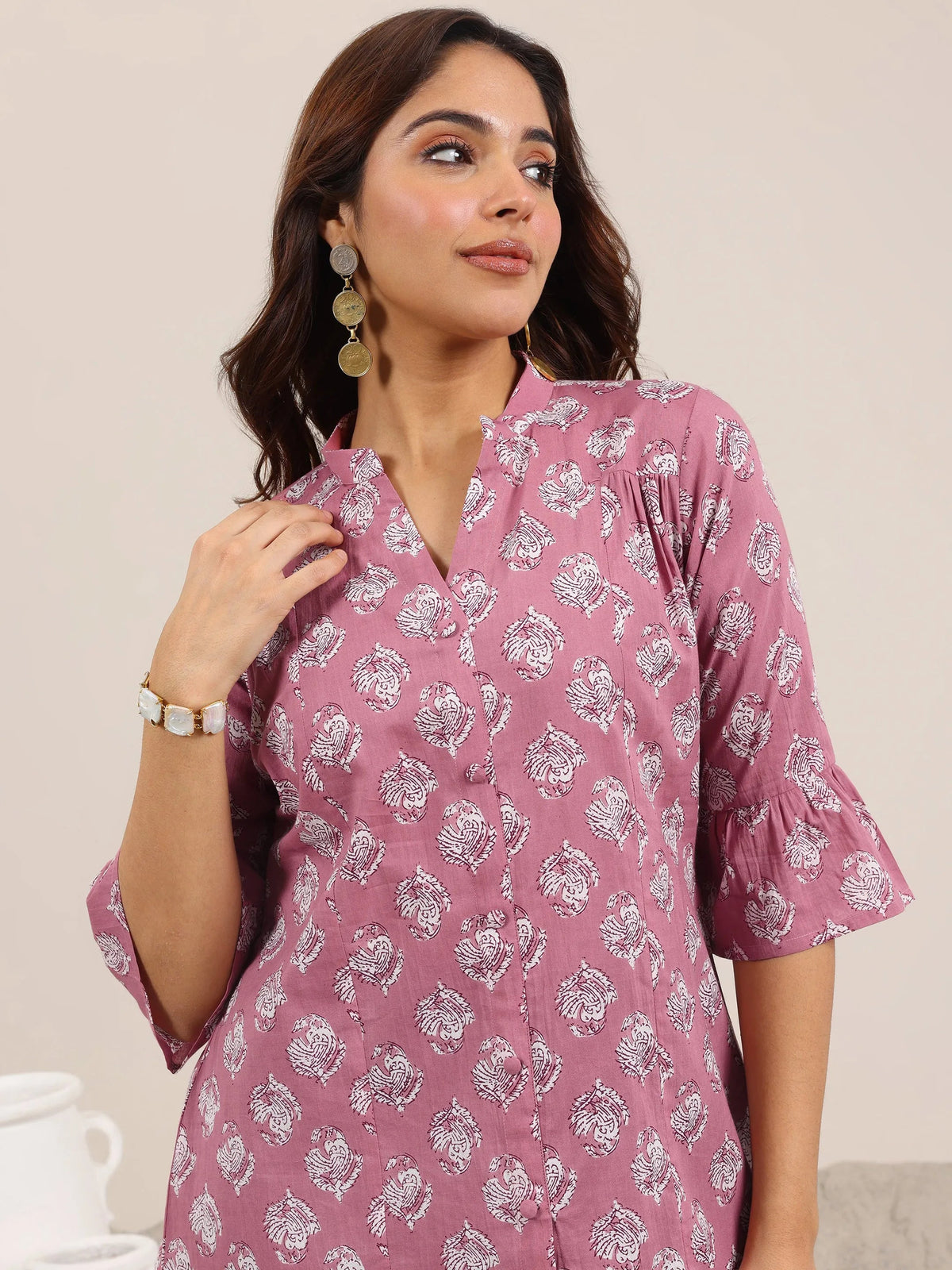 Libas Mauve Printed Cotton Straight Short Kurti