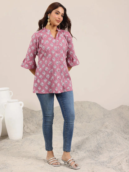 Libas Mauve Printed Cotton Straight Short Kurti