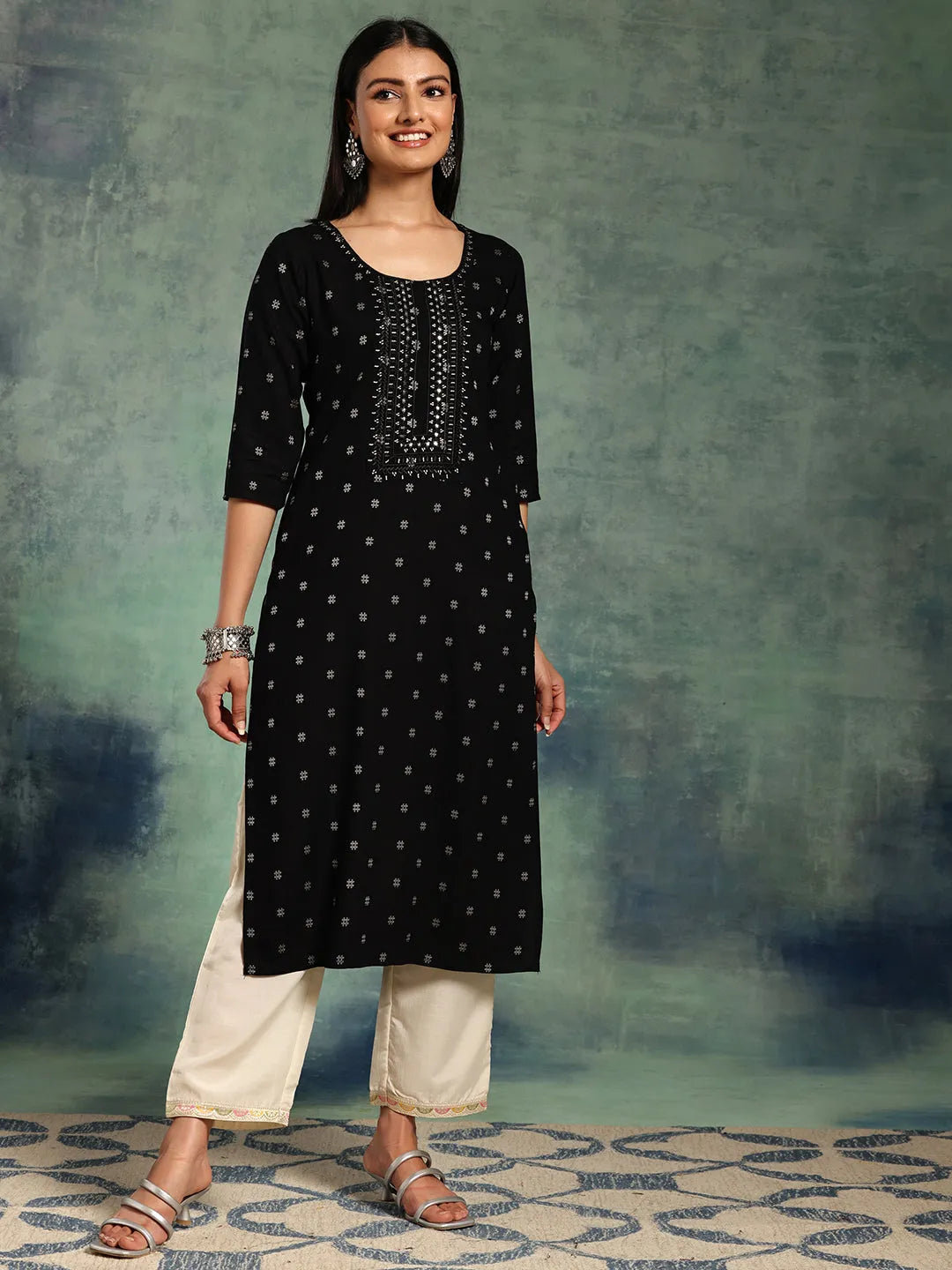 Libas Black Embroidered Cotton Straight Kurta