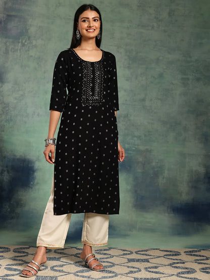 Libas Black Embroidered Cotton Straight Kurta