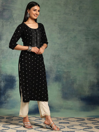 Libas Black Embroidered Cotton Straight Kurta