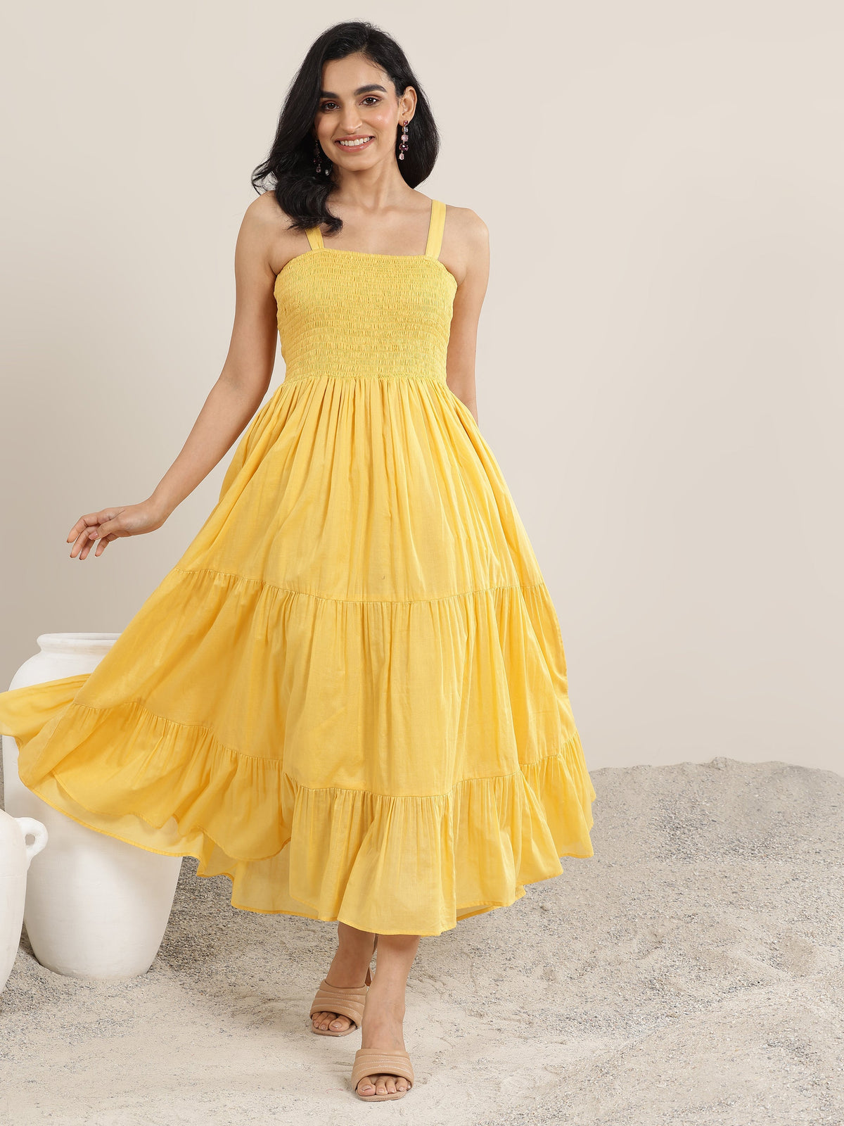Libas Mustard Solid Cotton Tiered Fit and Flare One Piece Dress