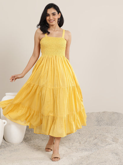 Libas Mustard Solid Cotton Tiered Fit and Flare One Piece Dress