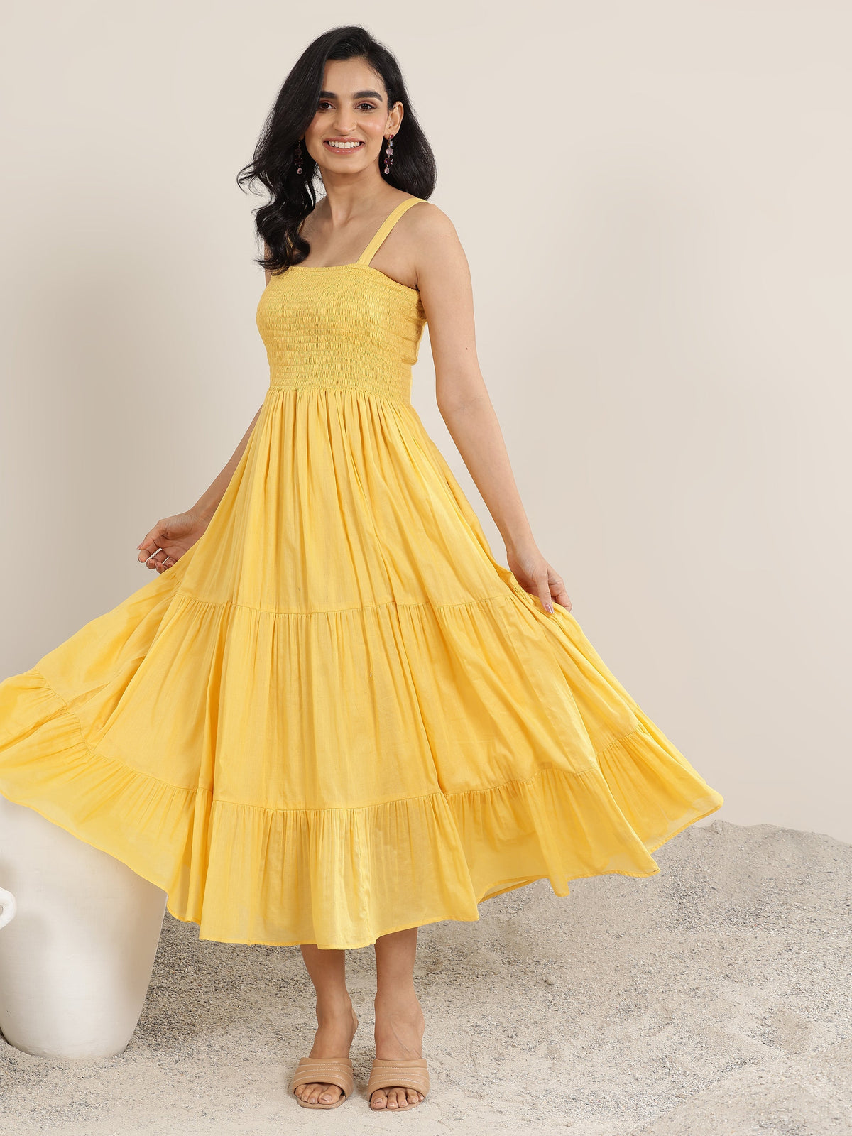 Libas Mustard Solid Cotton Tiered Fit and Flare One Piece Dress