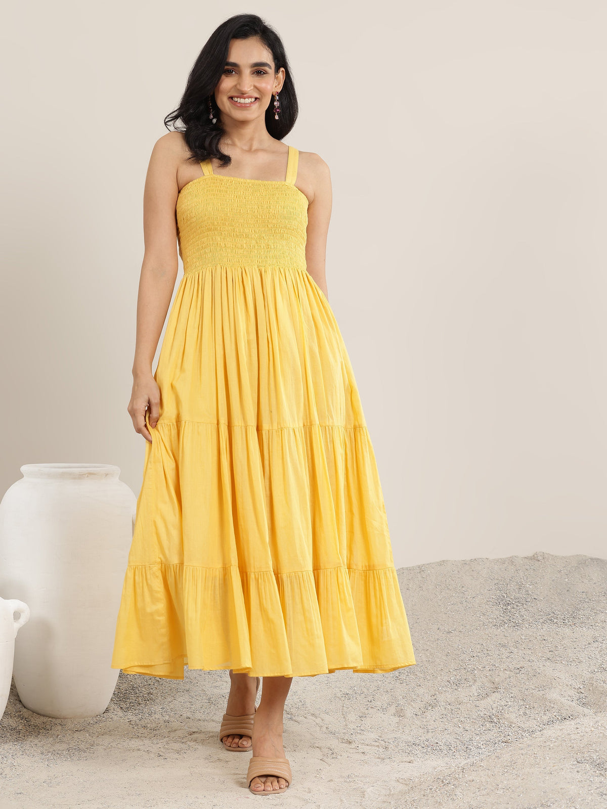 Libas Mustard Solid Cotton Tiered Fit and Flare One Piece Dress