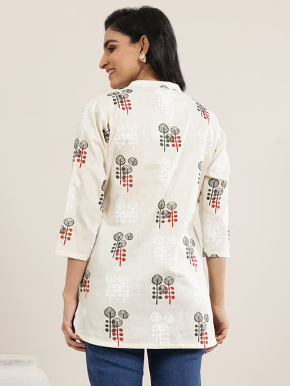 Libas Off White Printed Cotton Straight Short Kurti