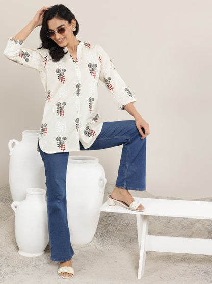 Libas Off White Printed Cotton Straight Short Kurti