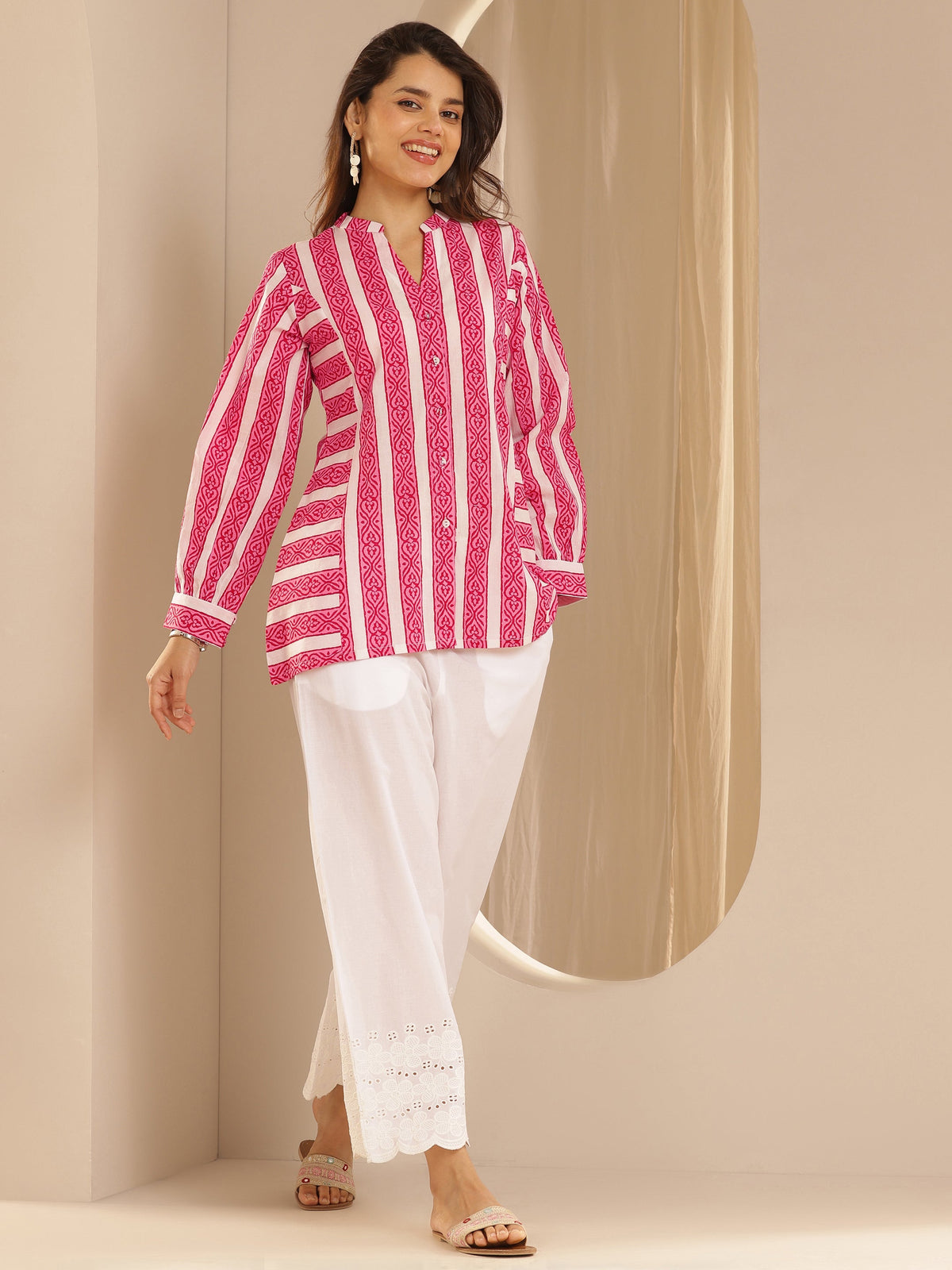 Libas Pink Printed Cotton  Straight Short Kurti