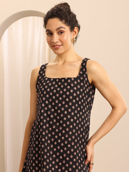 Libas Black Printed Cotton Blend Straight Short Kurti