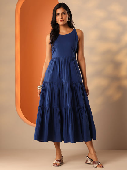 Libas Blue Solid Cotton Tiered Fit And Flare One Piece Dress