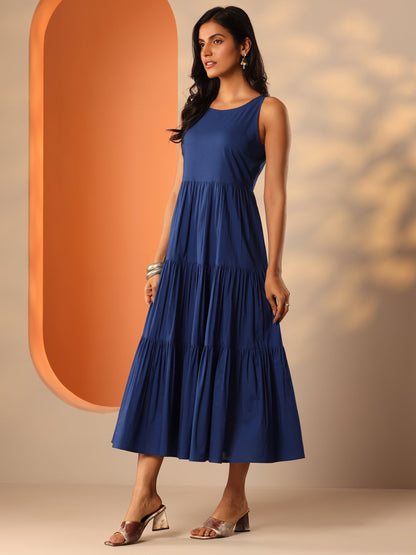 Libas Blue Solid Cotton Tiered Fit And Flare One Piece Dress
