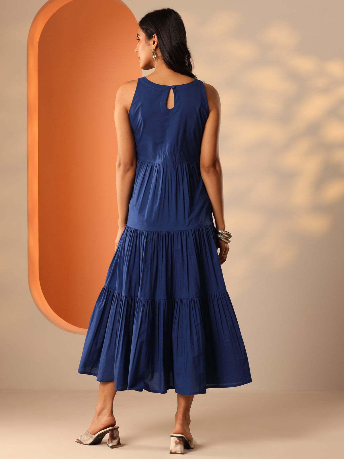Libas Blue Solid Cotton Tiered Fit And Flare One Piece Dress