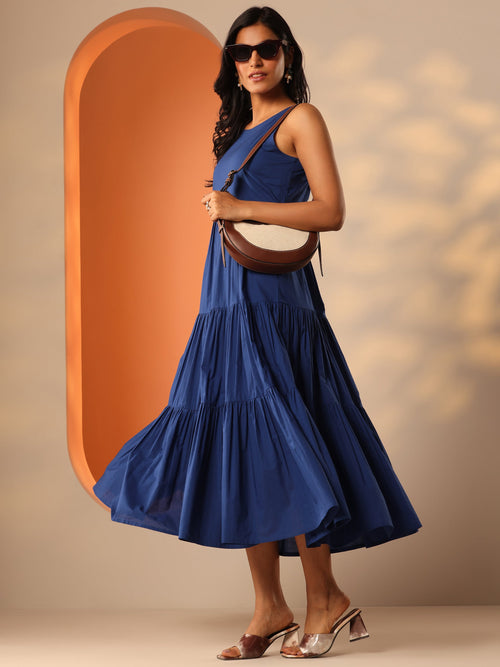 Libas Blue Solid Cotton Tiered Fit And Flare One Piece Dress