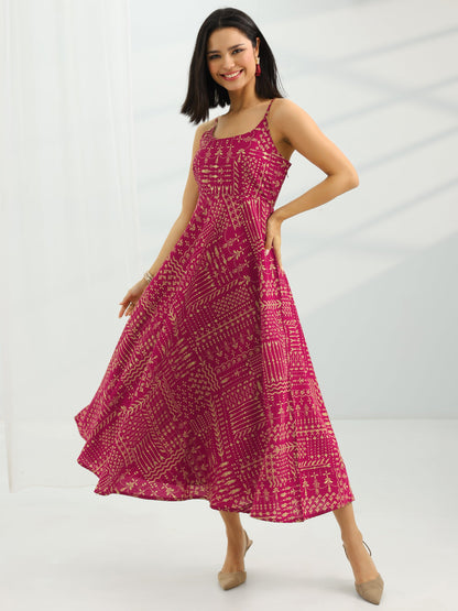 Libas Maroon Printed Silk Blend Fit And Flare One Piece Dress