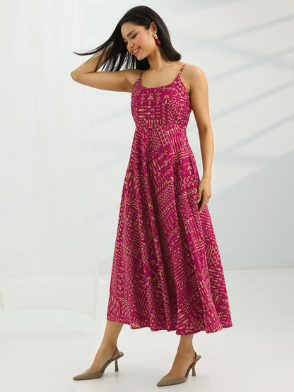 Libas Maroon Printed Silk Blend Fit And Flare One Piece Dress
