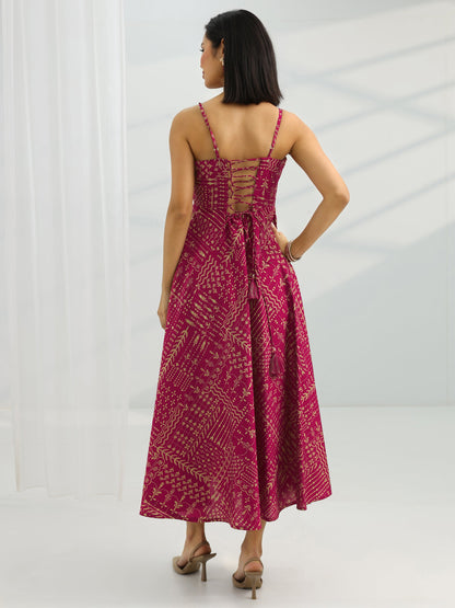 Libas Maroon Printed Silk Blend Fit And Flare One Piece Dress