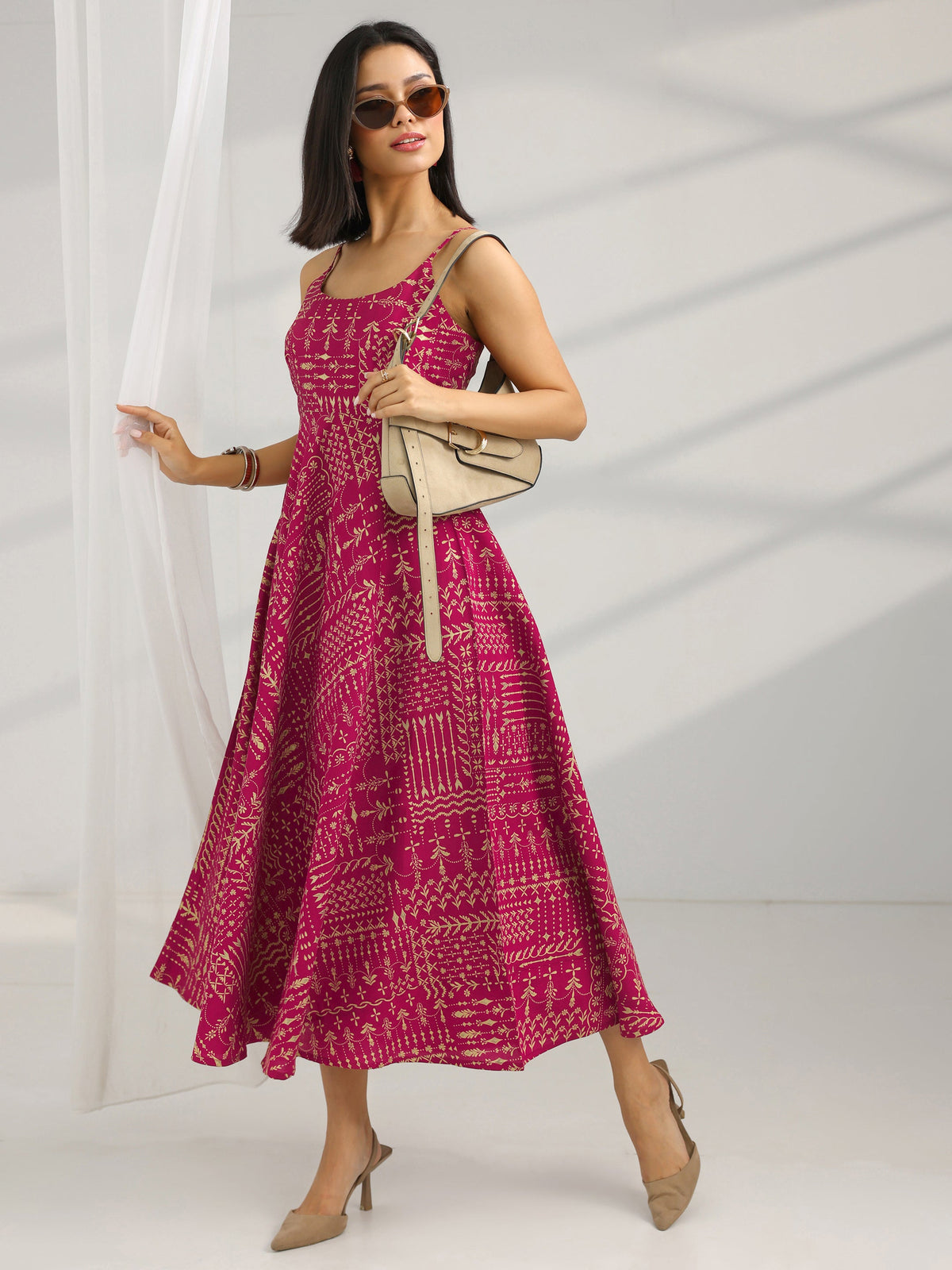 Libas Maroon Printed Silk Blend Fit And Flare One Piece Dress
