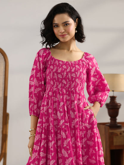 Libas Pink Printed Cotton Fit And Flare One Piece Dress