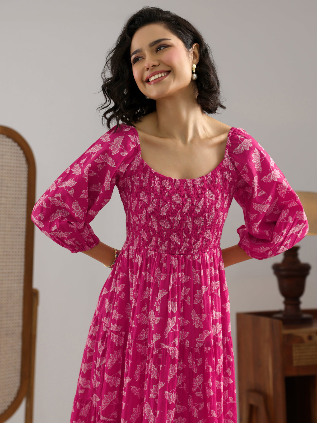 Libas Pink Printed Cotton Fit And Flare One Piece Dress