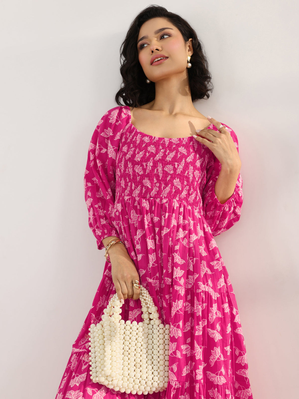 Libas Pink Printed Cotton Fit And Flare One Piece Dress