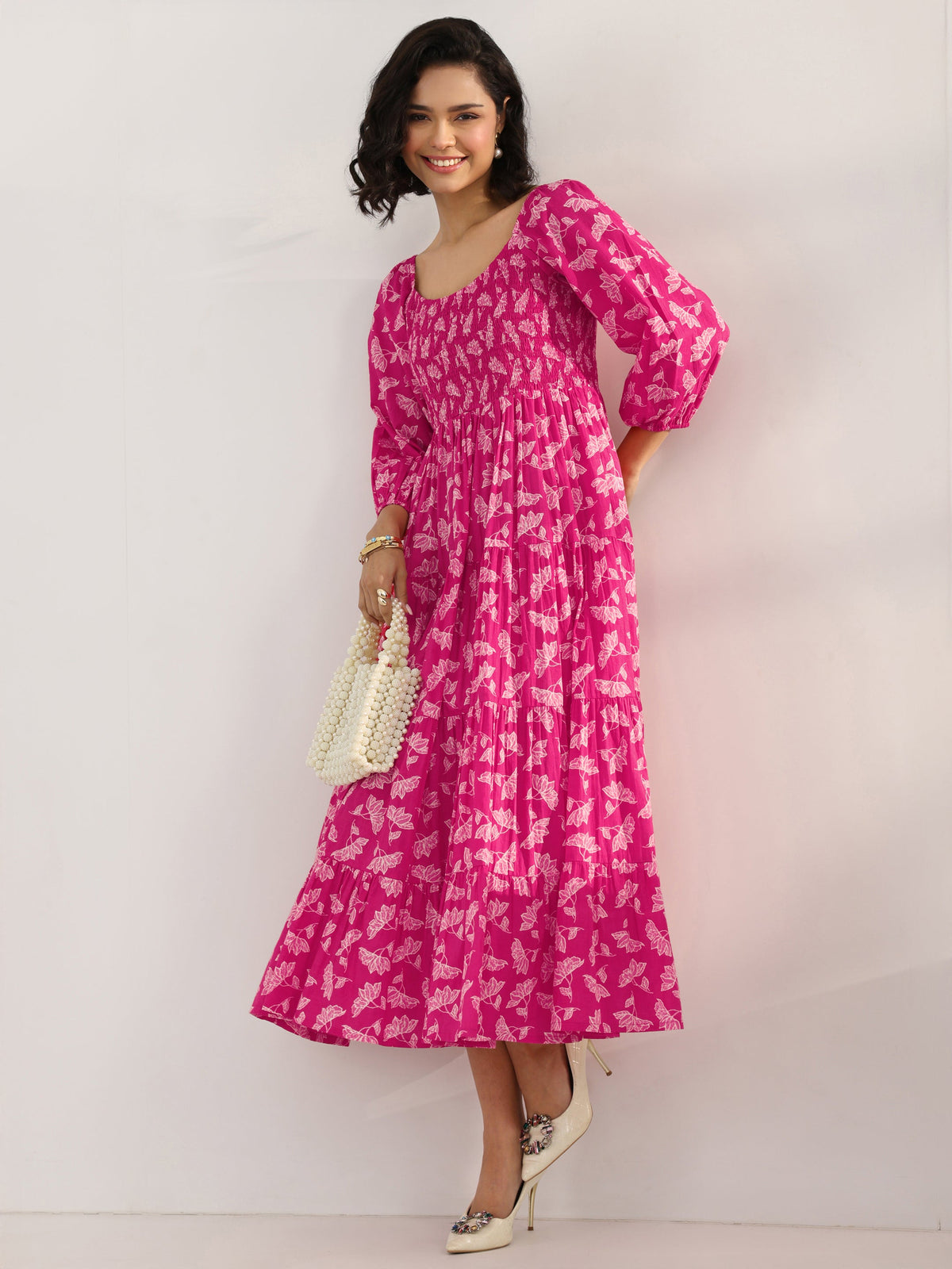 Libas Pink Printed Cotton Fit And Flare One Piece Dress