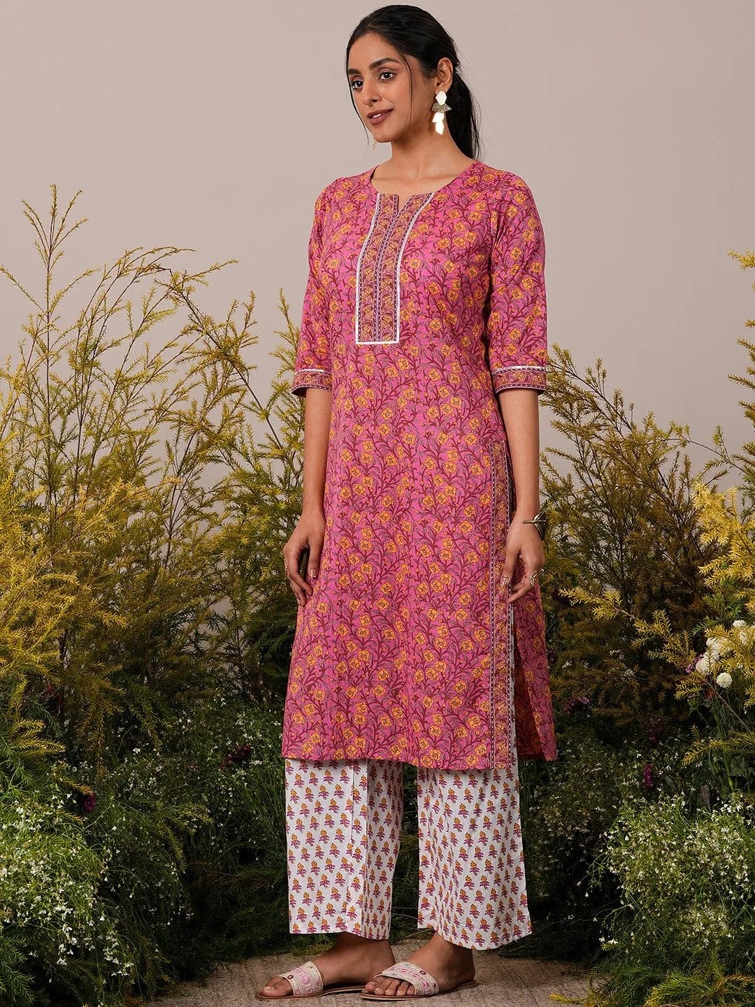 Libas Pink Printed Cotton Straight Suit With Dupatta