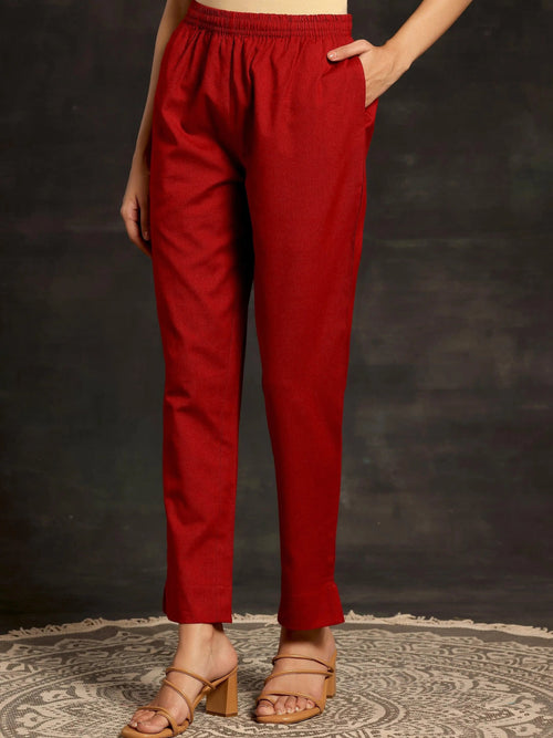 Libas Maroon Solid Cotton Straight Fit Trousers