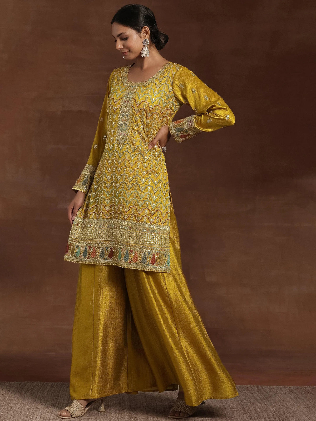 Libas Adaa Mustard Embroidered Silk Blend Straight Kurta With Palazzos & Dupatta