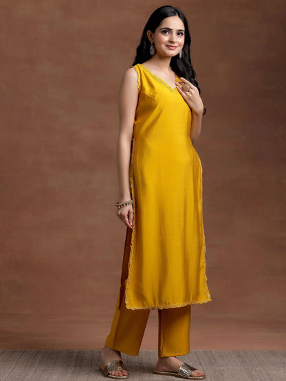 Gerua Mustard Solid Silk Blend Straight Suit With Dupatta