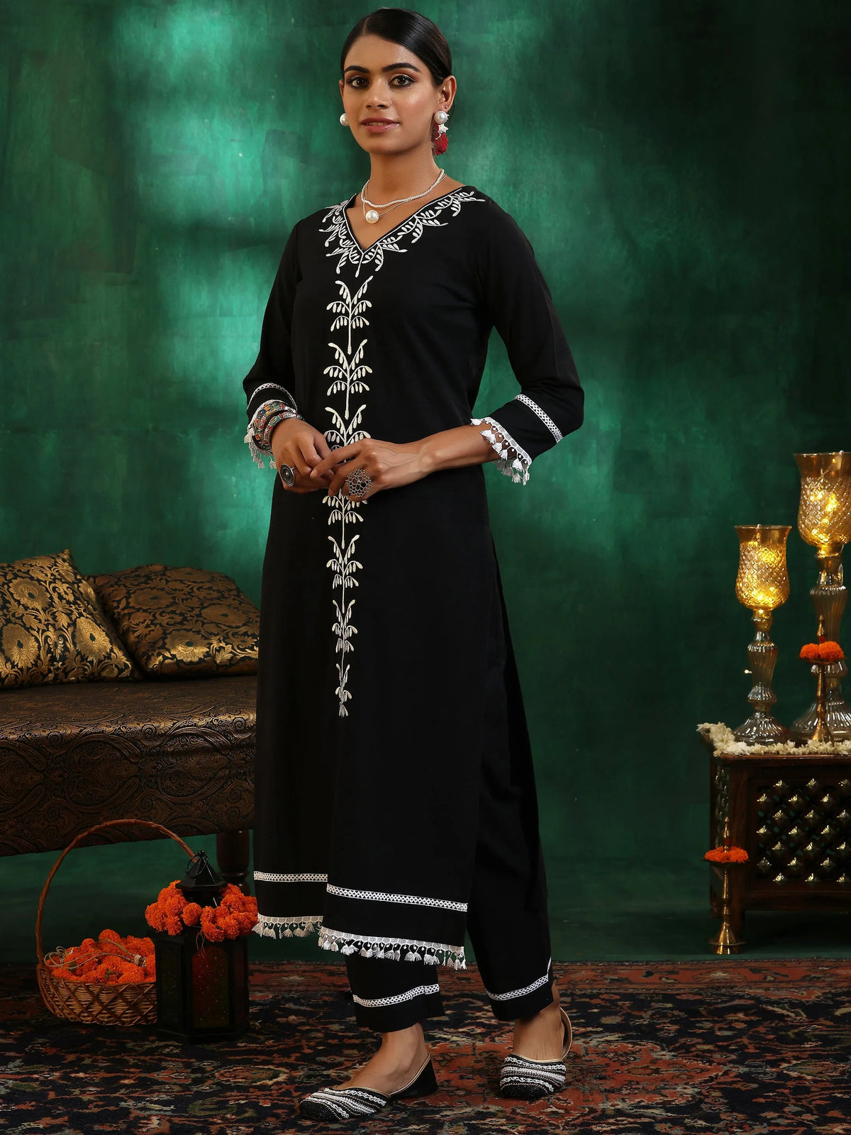 Gerua Black Embroidered Cotton Blend Straight Suit With Dupatta