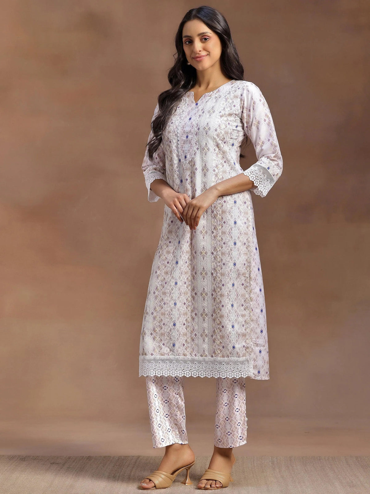 Libas Beige Embroidered Cotton Blend Straight Suit With Dupatta