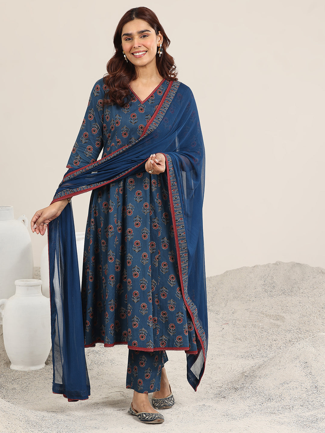 Libas Navy Blue Printed Cotton A-Line Suit With Dupatta