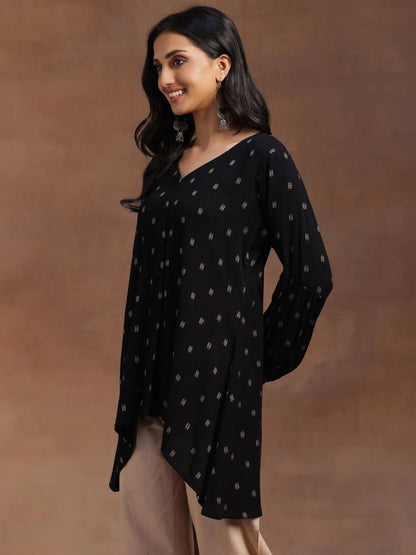 Libas Black Woven Design Viscose Rayon A-line Kurti