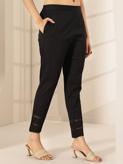 Libas Black Solid Cotton Trousers