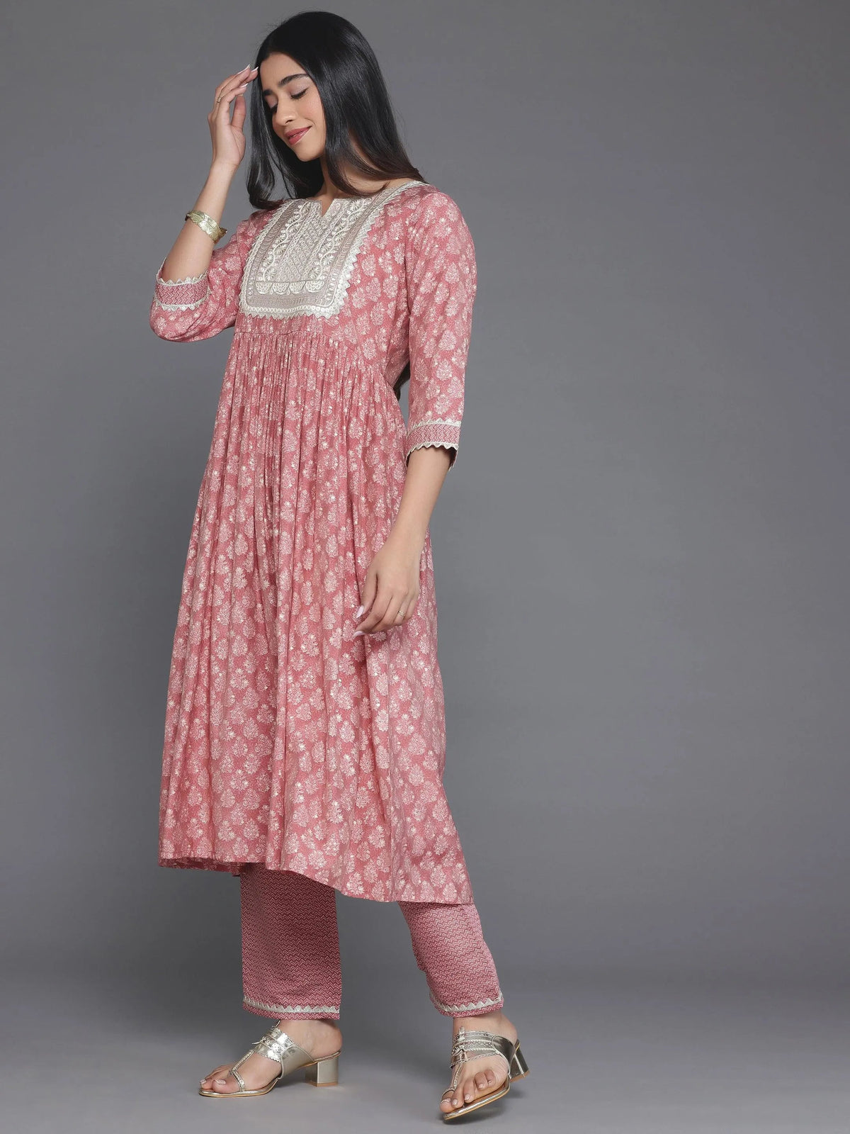Gerua Mauve Printed Silk Blend A-Line Kurta With Palazzos