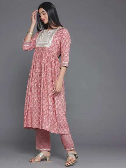 Gerua Mauve Printed Silk Blend A-Line Kurta With Palazzos