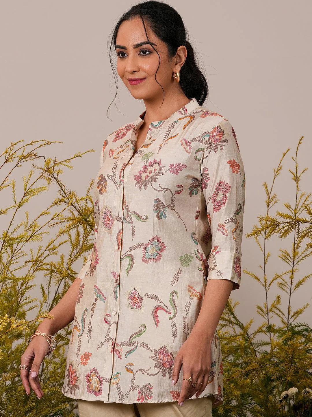 Libas Beige Printed Silk Blend A-Line Kurti