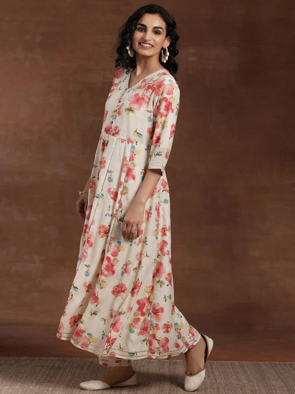 Libas Off White Printed Silk Blend Anarkali Kurta Set