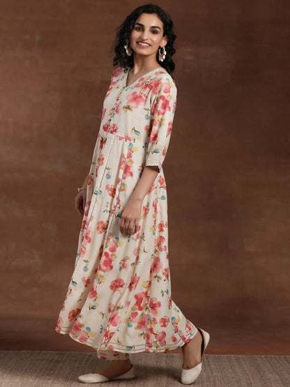 Libas Off White Printed Silk Blend Anarkali Kurta Set