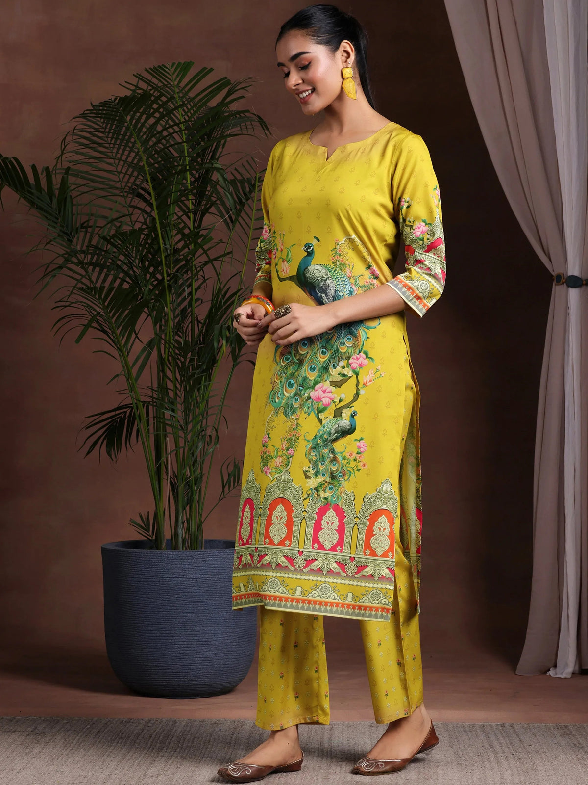 Libas Mustard Printed Poly Crepe Straight Suit With Dupatta