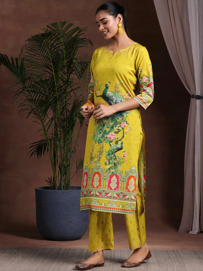 Libas Mustard Printed Poly Crepe Straight Suit With Dupatta
