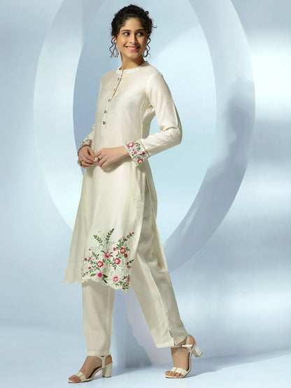 Libas Off White Embroidered Silk Blend Straight Kurta Set