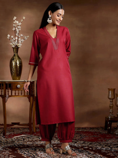 Gerua Maroon Solid Cotton Blend Straight Suit With Dupatta