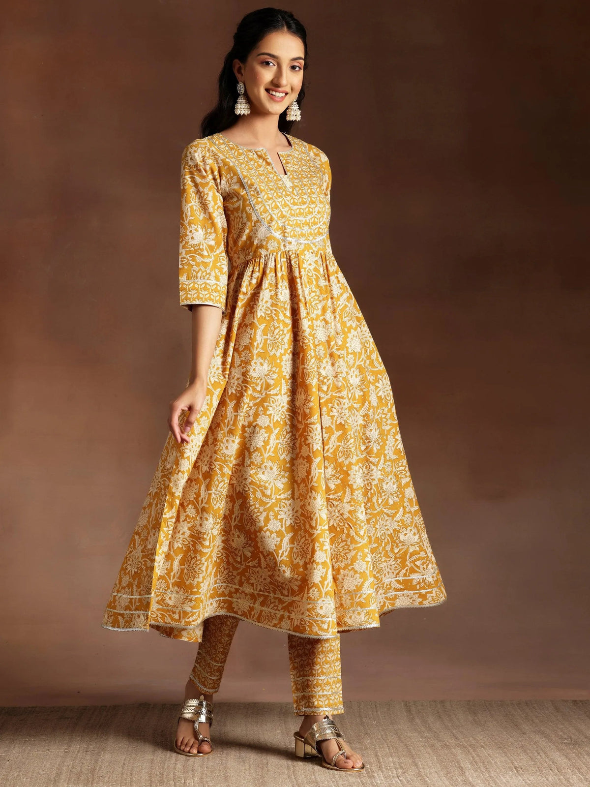 Libas Mustard Printed Cotton Anarkali Suit With Dupatta
