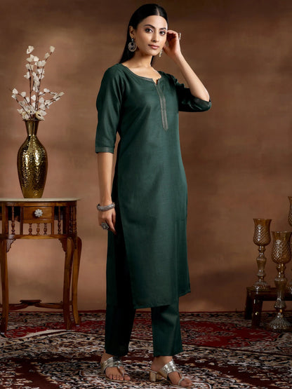 Gerua Green Solid Cotton Blend Straight Suit With Dupatta